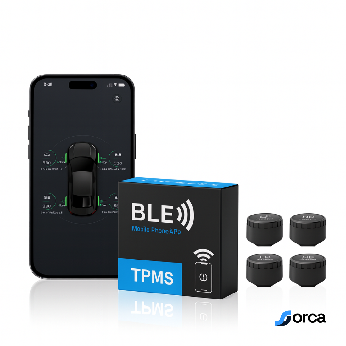 Orca Tyre Pressure Monitoring System (TPMS) for Cars | Pack of 4 Sensors | Real-Time Pressure & Temperature Alerts via Mobile App | 1-Year Warranty