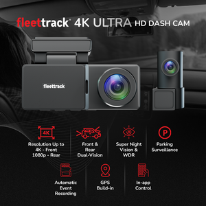 Fleettrack Dual Channel Car DashCam | 4K Front, 1080p Rear | 3.2" IPS Screen | F1.8 Large Aperture | in-Built GPS Logger | Night Vision | Voice Control, WiFi | Parking Mode | Upto 128GB Supported