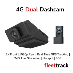 Fleettrack 4G Dual Dashcam | 2K Front + 1080p Rear | Built for Extreme Conditions | 2-Way Voice Calling | MicroSD upto 256GB | Live Tracking | Infra Red Night Vision | SOS | Hotspot