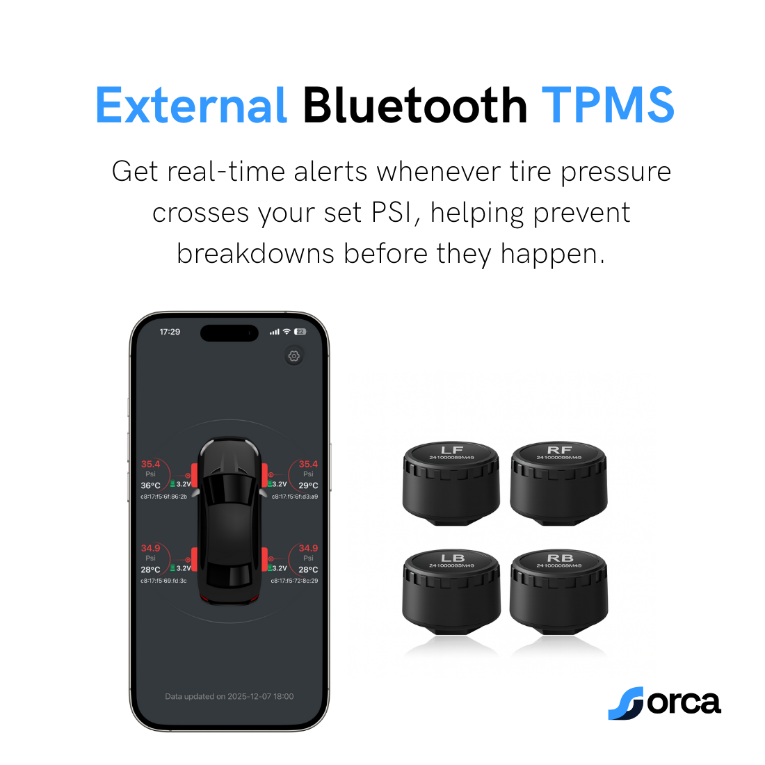 Orca Tyre Pressure Monitoring System (TPMS) for Bikes | Pack of 2 Sensors | Real-Time Tyre Tracking & Mobile Alerts | 1-Year Warranty